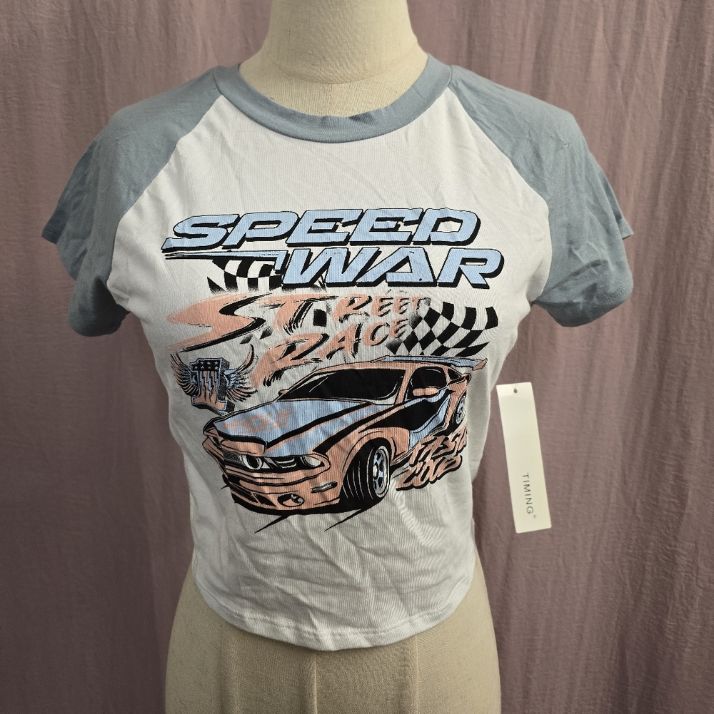 Timing Women Speed War Street Racing Cropped Graphic Short Sleeve Tee, Small